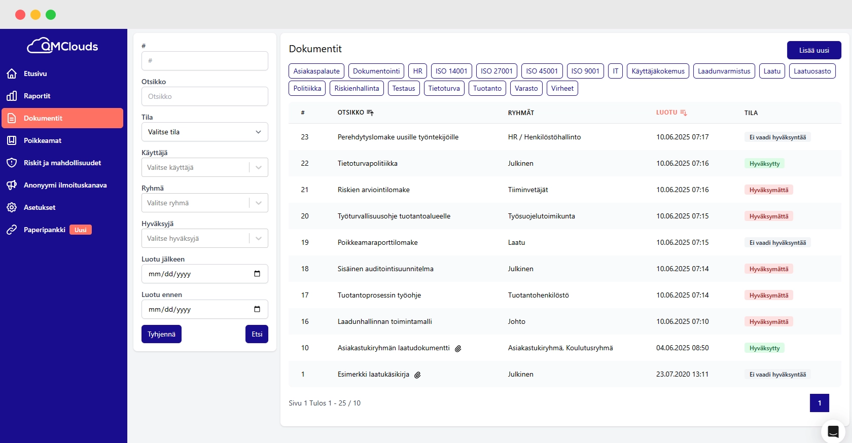 Kuvankaappaus QMClouds ohjelmiston dokumenttien ineksi sivusta