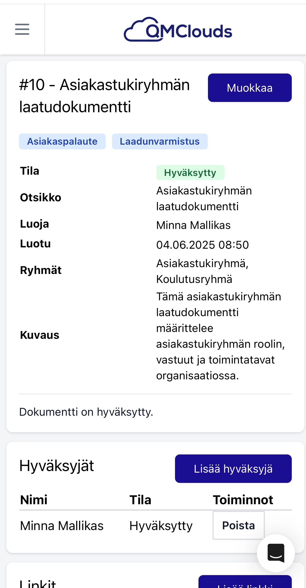Kuvankaappaus QMClouds ohjelmiston laatudokumentista mobiilissa