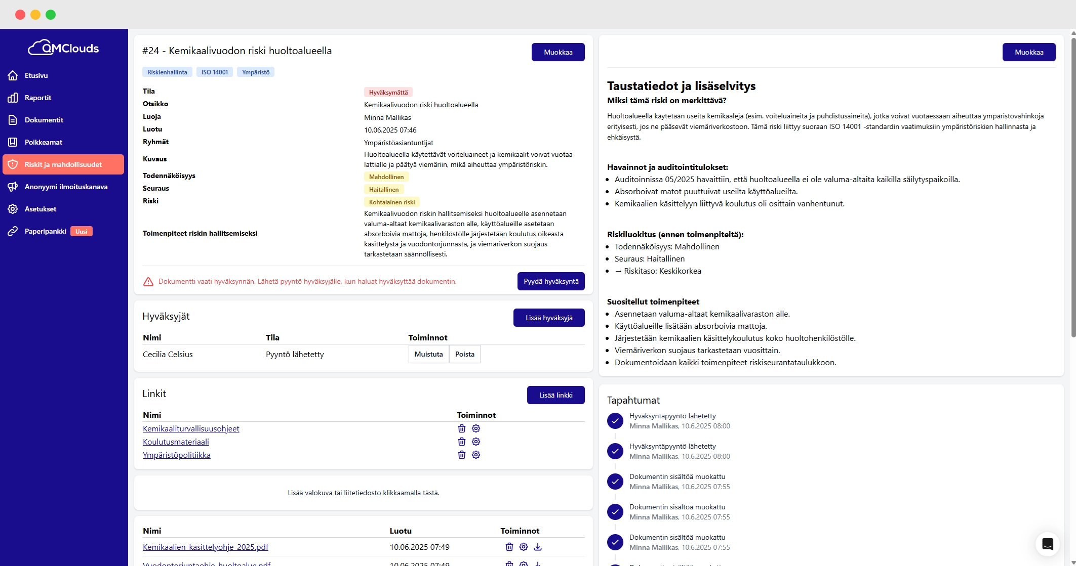 Kuvankaappaus QMClouds ohjelmiston riskidokumentista